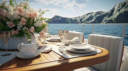 Fototapeta premium a romantic lunch on a motor yacht, a luxurious dining setup with attention to detail, capturing the ambiance and elegance of the moment in a minimalist, modern style.