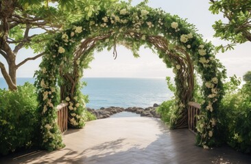 wedding ceremony and archway with tropical tree and flower, coastal scenery,