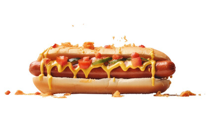 delicious hotdog , floating in air on transparent background.generative ai - obrazy, fototapety, plakaty