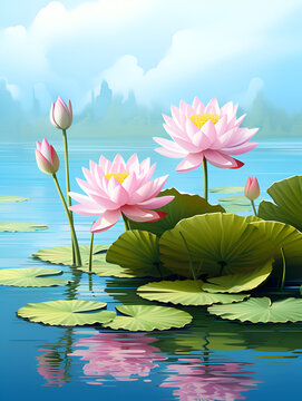 illustration of soft pink lotus flower on blue water, abstract background	