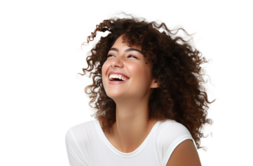 young woman laughing on white background