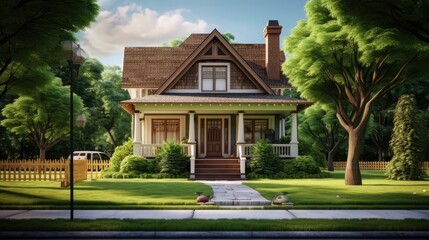 a classic cinnamon house with a green lawn sidewalk. Present the composition in a minimalist, modern style, emphasizing the charm and simplicity of the scene.