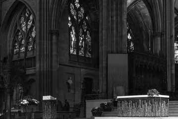 Saint Etienne cathedral of Metz, France. Interior. Black white historic photo.