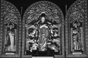 Assumption of Mary in Cathedral of Saint Stephen in Metz, France. Religious art background. Black...