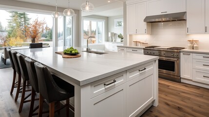 a kitchen in a new luxury home. Showcase a large waterfall island, stainless steel appliances, white cabinets, and hardwood floors, emphasizing a minimalist, modern style.
