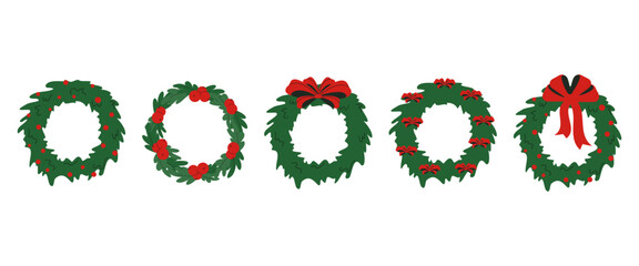 Christmas wreath with red holly berries and red ribbons. Winter garland design. Vector flat illustration.