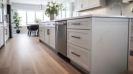 a kitchen in a new luxury home. Showcase a large waterfall island, stainless steel appliances, white cabinets, and hardwood floors, emphasizing a minimalist, modern style.