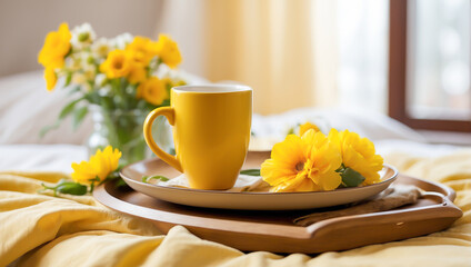 Tray with a cup of coffee, vase with beautiful yellow flowers on the bed in the room apartment - obrazy, fototapety, plakaty