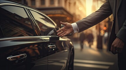 a businessman's hands and a chauffeur by a car door, the hand of a male person on a vehicle handle, emphasizing professional transport service.