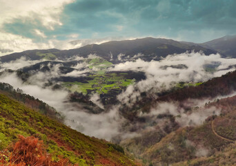 Fototapeta na wymiar Panoramic view from Esva valley and Sierra Silvallana, Valdes municipality, Asturias, Spain