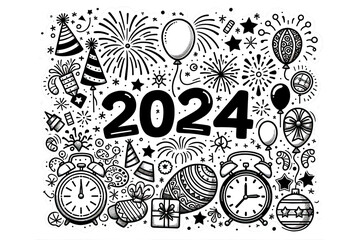 Ring in 2024 with our 'Happy New Year' themed lineart, bursting with fireworks, clocks, and celebration motifs. Generative AI.