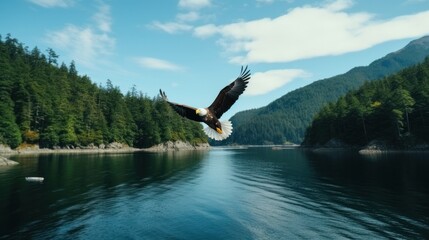 Scenic Alaskan Bald Eagle Soars Above Sparkling Sea and Towering Forest.