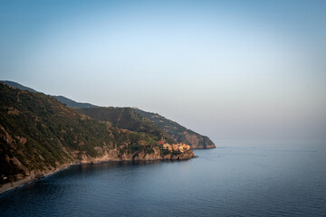View of Manarola, one of the small fishing villages of Cinque Terre, italy. A little beautiful town on a coast