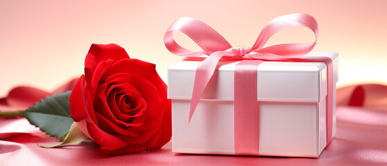 elegant red roses and white gift box on pink background, valentines day concept. Romantic ambiance, perfect for birthday, anniversary, or gift card use. Generative ai
