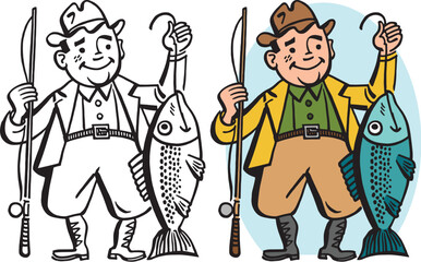 A vintage retro cartoon of a proud fisherman holding up the large fish that he caught. 