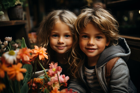 Little boy and girl with flwers bouquet