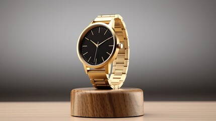 a beautiful gold men's watch with a black strap elegantly displayed on a wooden stand, a minimalist and modern composition against a gray background.