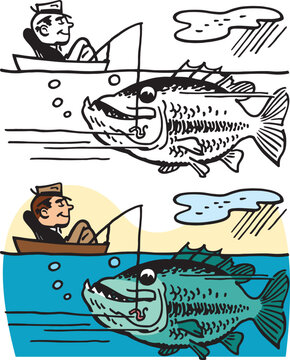A vintage retro cartoon of a man fishing in a rowboat with a giant fish in the water about to take the bait. 