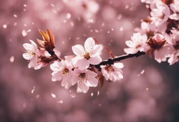 Cutout of cherry blossom flowers and petals in spring