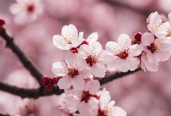 Obraz premium Close up of cherry blossom flowers and petals