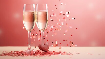 two champagne glasses with splashes of red hearts in confetti form on a chic pink background. Ideal for conveying the spirit of celebration and love, perfect for Valentine's Day greetings - obrazy, fototapety, plakaty