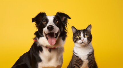 Playful Companions: Grey Striped Tabby Cat and Border Collie Dog Sharing Joy on Vibrant Yellow Background