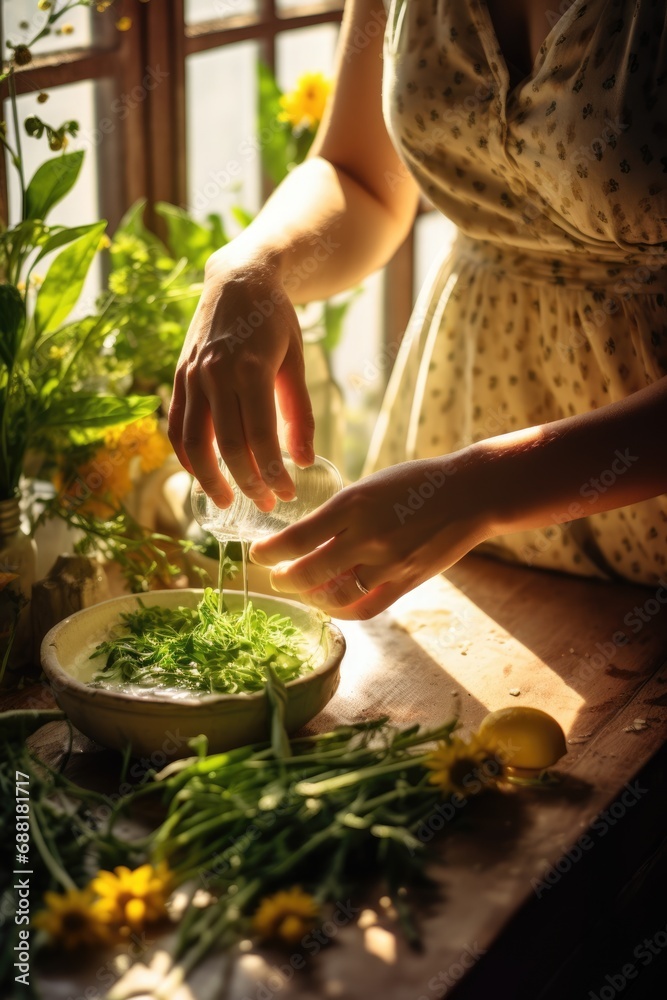 Wall mural woman hands and botanical blends of different herbs. naturopat, phyto therapist, alternative therapy