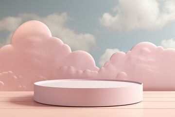 Product podium with clouds in soft pastel colors for product presentation. Mockup for branding, packaging