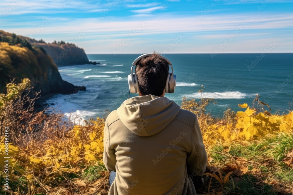 Wall mural backview of a man sitting on the hill in the autumn mountains. meditation, tranqulility, relaxation,