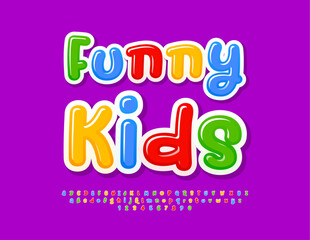 Vector bright poster Funny Kids with colorful handwritten Font. Set of artistic Alphabet Letters and Numbers.