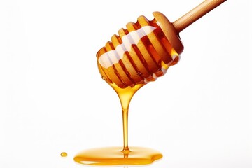 honey dripping from a wooden spoon on white background - obrazy, fototapety, plakaty
