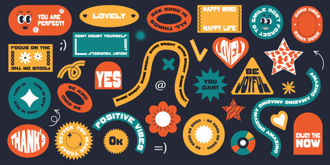 Set of stickers in y2k style. Positive and festive phrases and words. Elements in trendy style. - obrazy, fototapety, plakaty