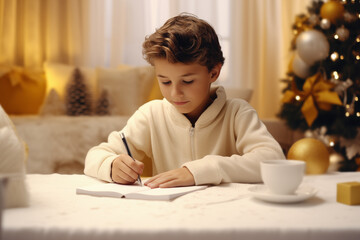 niño escribiendo la carta a los reyes magos de oriente, en el salón de su casa,  decorado con el árbol de navidad - obrazy, fototapety, plakaty