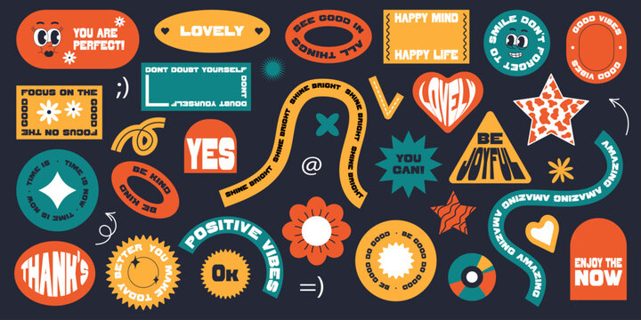 Set of stickers in y2k style. Positive and festive phrases and words. Elements in trendy style.