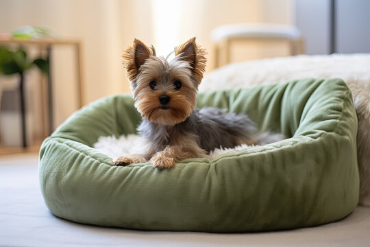 perro yorkshire terrier tumbado en una cama verde para perros, con fondo de habitación moderna desenfocada