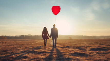 Romantic couple walking through the meadow with a balloon