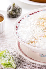 rice pudding bowl, homemade pudding made from ground rice