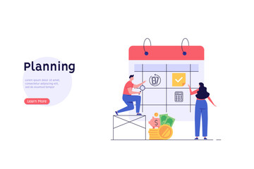 Planning schedule, business event and calendar concept. People with schedule, pen and notes organize meeting. Planning strategy and time management. Vector illustration in flat cartoon design