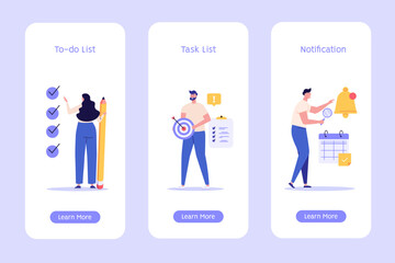 Concept of task done, checklist, to-do list, notification. People marking completed task on checklist. Successful time management. Vector illustration for mobile app, onboarding screen