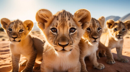 stockphoto, a group of young beautiful lion cubs curiously looking straight into the camera, ultra wide angle lens, front view. Portrait of wildlife in the wilderness of Africa. Environmetal theme. Wi - obrazy, fototapety, plakaty