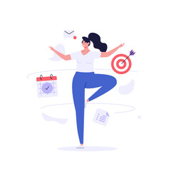 Stay focused concept. Woman working with aim, schedule and new letter. Work in focus, productivity, self discipline. Goal achievement. Vector illustration for web design, banner, UI