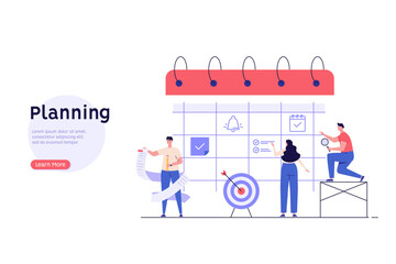 Planning schedule, business event and calendar concept. People with schedule, pen and notes organize meeting. Planning strategy and time management. Vector illustration in flat cartoon design