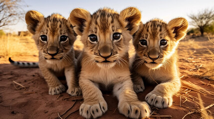 stockphoto, a group of young beautiful lion cubs curiously looking straight into the camera, ultra wide angle lens, front view. Portrait of wildlife in the wilderness of Africa. Environmetal theme. Wi