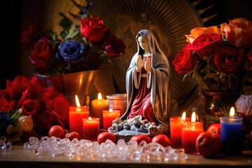 Christian altar with Virgin Mary statue decorated with flowers and candles. Las Posadas, Assumption, Solemnity, Visitation, Nativity of blessed Virgin mary celebration