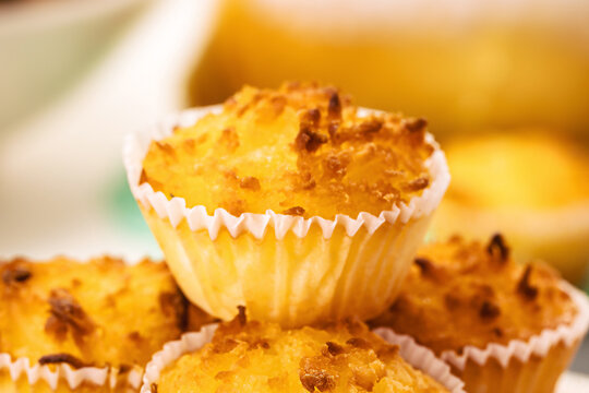 Typical sweet from Brazil and Portugal, called queijadinha or queijada. Homemade dessert, pastry from bakery or traditional confectionery