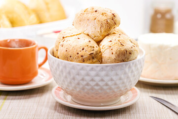 typical food from Minas Gerais, Brazilian cheese bread, served hot with coffee, typical Brazilian snack