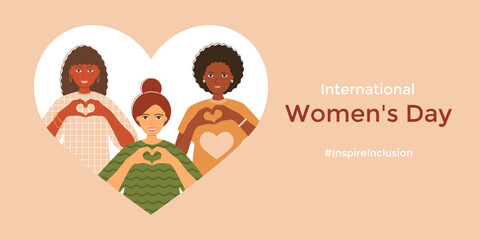 Diverse race group of woman hands in heart shape.Inspire inclusion.International Women's Day.Banner with text.Vector stock illustration.
