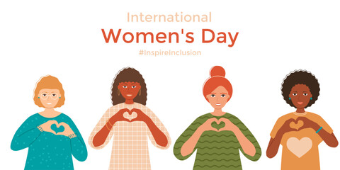 Group of different women showing heart with hands.International Women's Day.Inspire inclusion.Banner with text.Vector stock illustration.