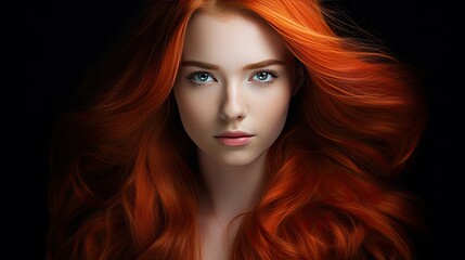Fototapeta premium Beautiful female face with powerful silky hair and chic hairstyle done in a beauty salon. Perfect image of a beautiful red-haired woman with developing hair. Illustration for beauty magazine.
