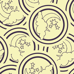 Starry night seamless pattern with moon, stars and clouds. Boho style decorative background for wallpaper, digital paper, wrapping design, fashion fabric, textile print. Hand drawn illustration.